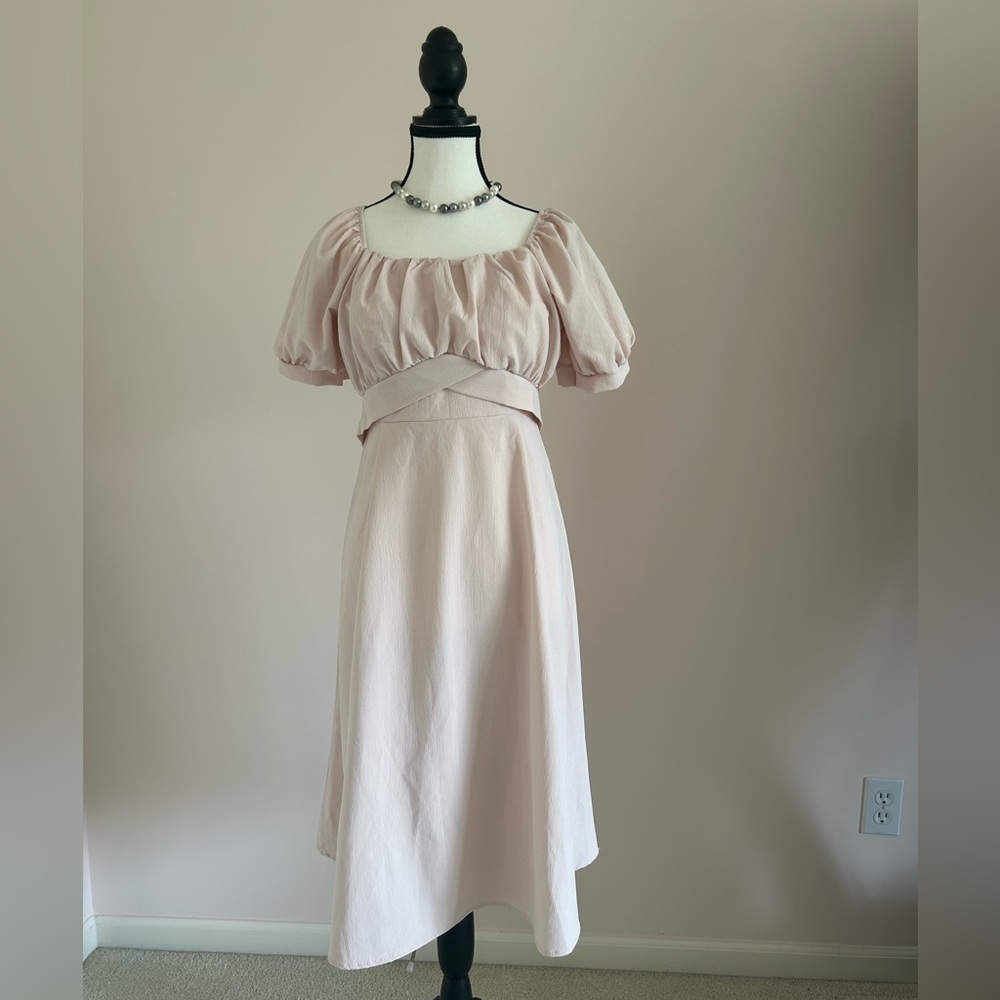 French Pink A-Line Midi Dress with Puff Sleeves